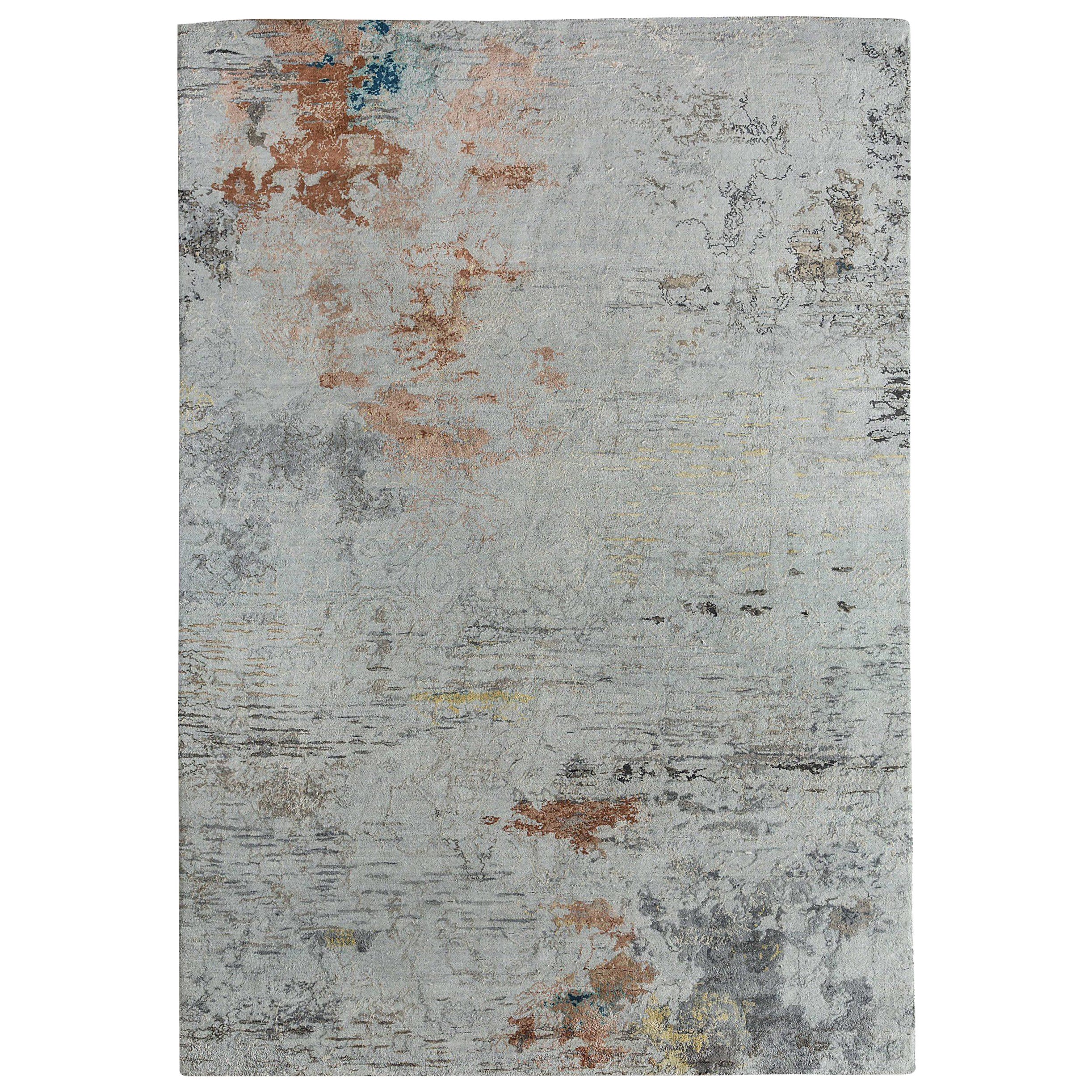 India Small Rug Circa 1990 - Wool Gray Ivory Pink Design - 90618