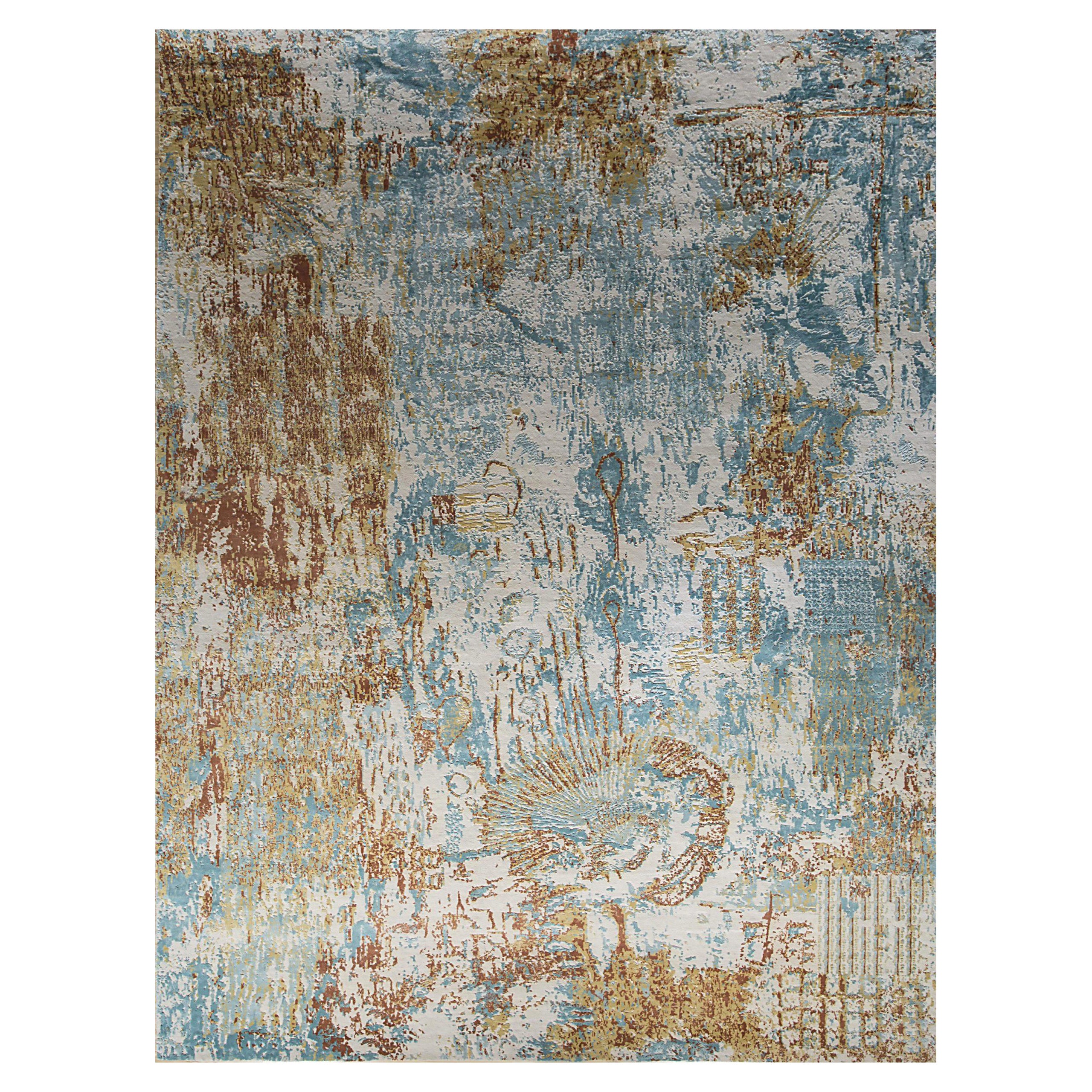 India Small Rug Circa 1990 - Wool Blue Brown Ivory Yellow Design - 90651