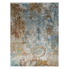India Area Rugs Circa 1990 - Wool Blue Brown Ivory Yellow Design - 90656