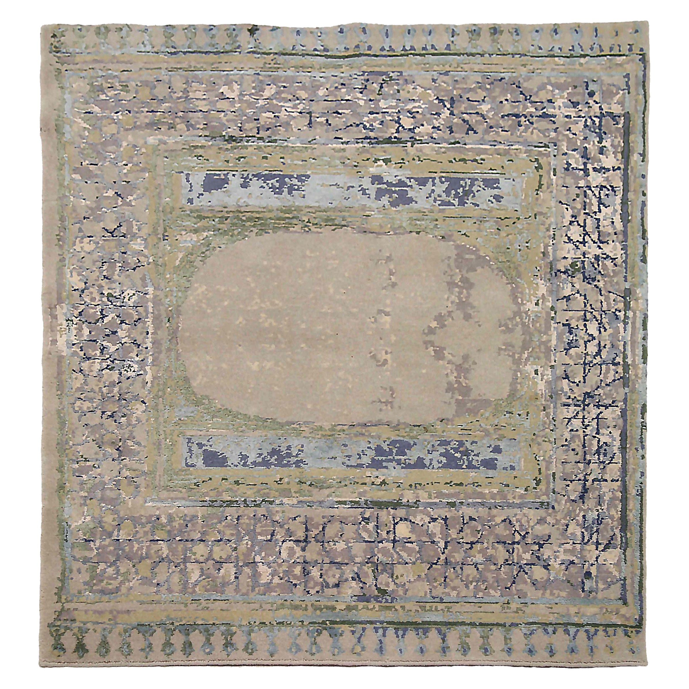 India Small Rug Circa 1990 - Wool Blue Brown Green Ivory Design - 90672