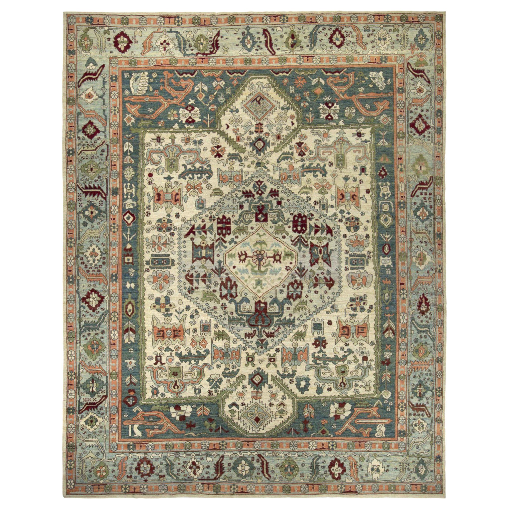 Tapis d'Afghanistan Oushak datant d'environ 1990, motif en laine vert ivoire rose - 90697