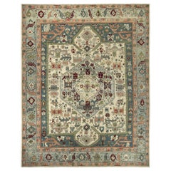 Tapis d'Afghanistan Oushak datant d'environ 1990, motif en laine vert ivoire rose - 90697