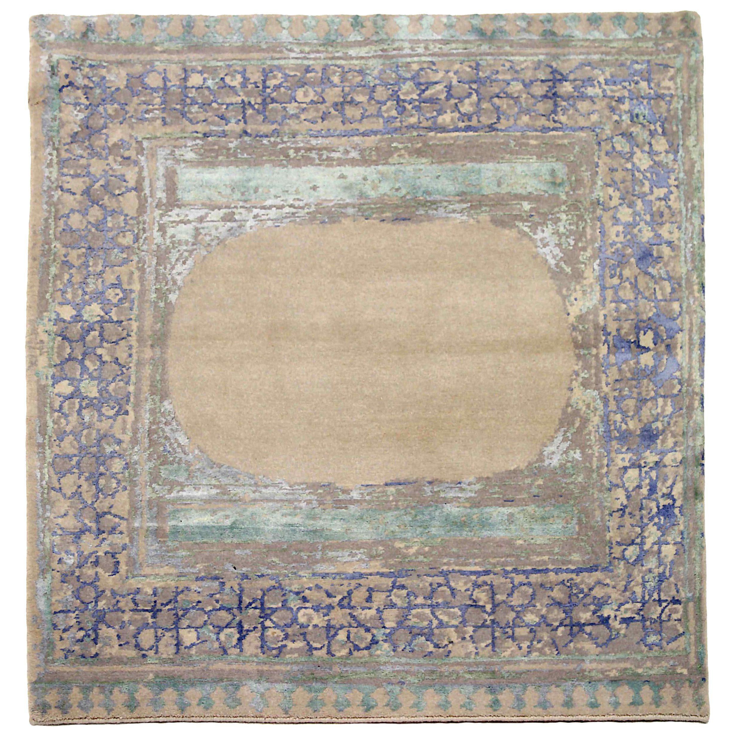India Small Rug Circa 1990 - Wool Blue Brown Green Ivory Design - 90679