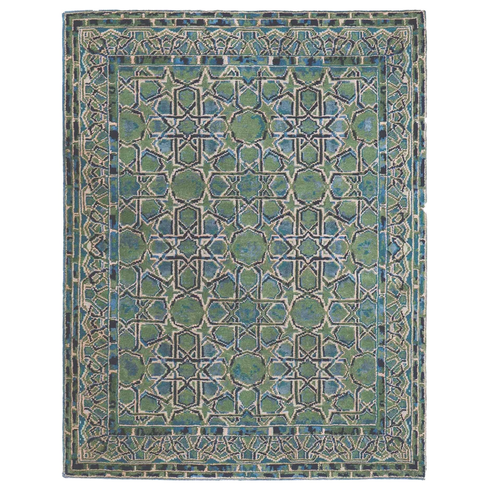 India Small Rug Circa 1990 - Wool Blue Brown Green Ivory Design - 90680