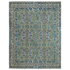 India Small Rug Circa 1990 - Wool Blue Brown Green Ivory Design - 90680