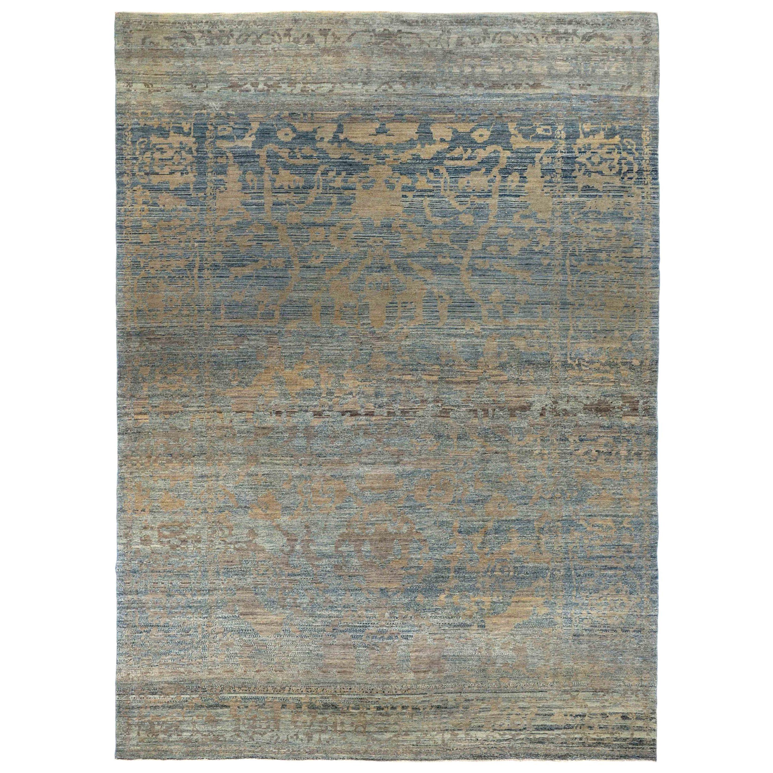 Afghanistan Oushak Area Rugs Circa 1990 - Wool Blue Brown Yellow Design - 90706 For Sale