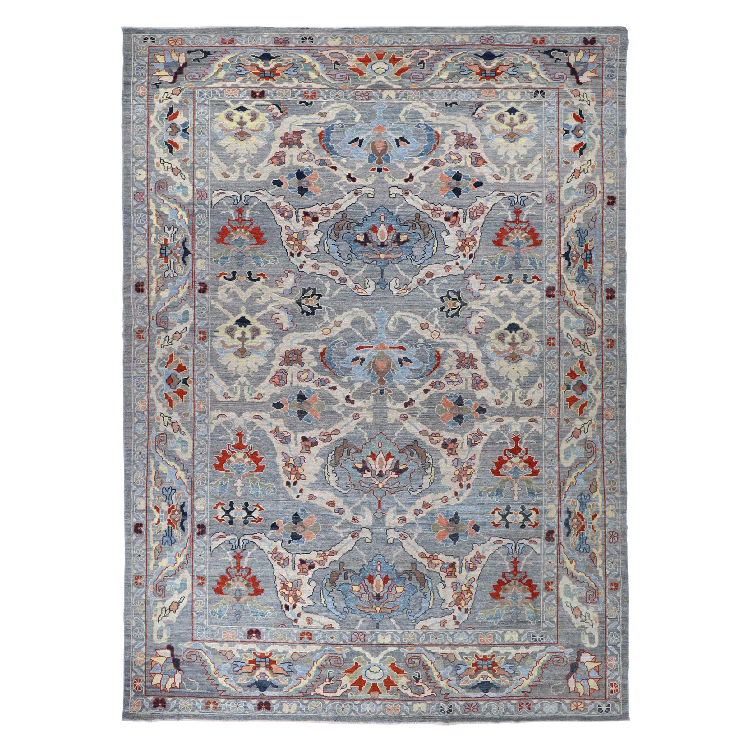 Tapis d'Afghanistan Oushak datant d'environ 1990, motif en laine bleu ivoire rouge - 90726
