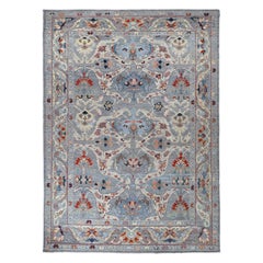 Tapis d'Afghanistan Oushak datant d'environ 1990, motif en laine bleu ivoire rouge - 90726