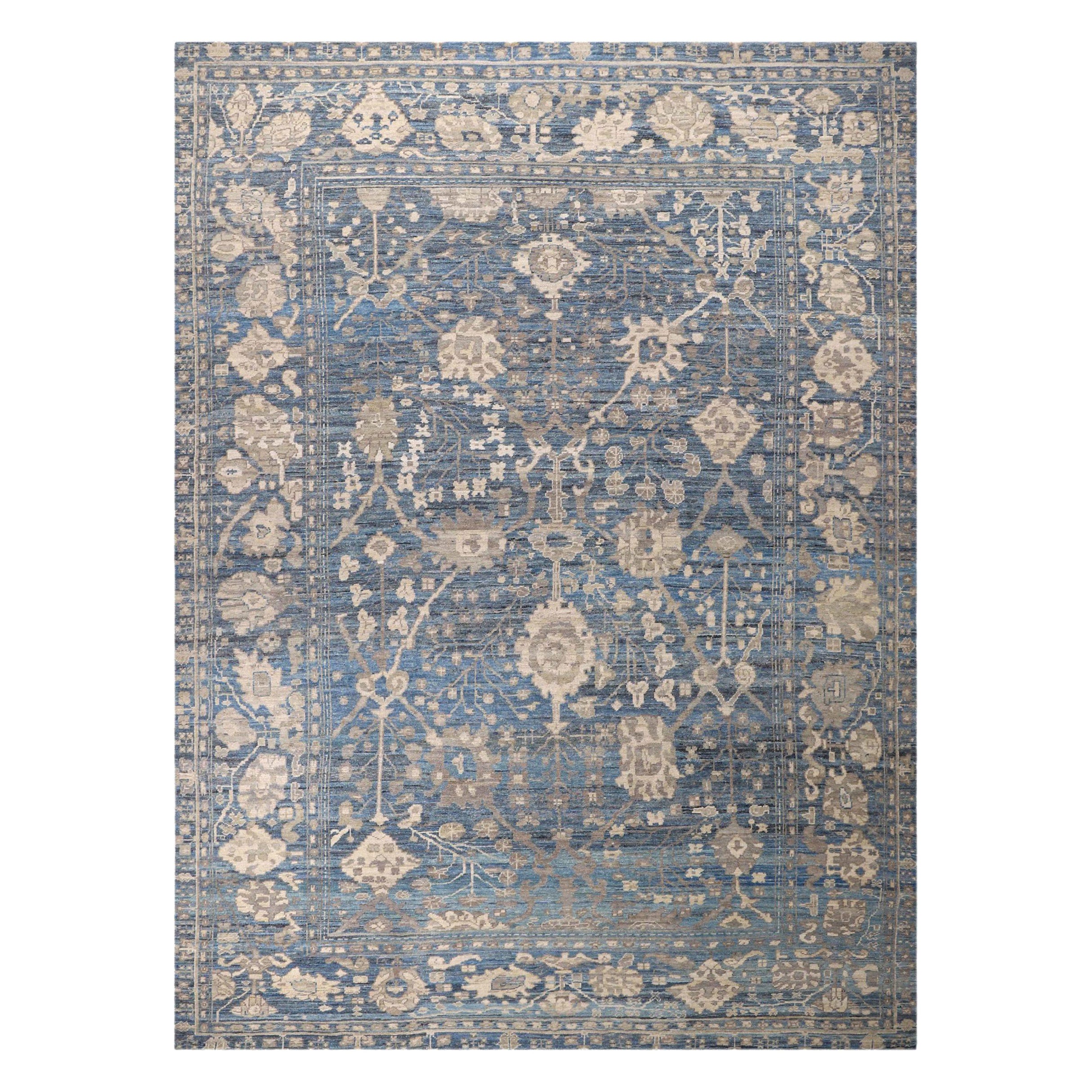 Afghanistan Oushak Area Rugs Circa 1990 - Wool Blue Brown Ivory Design - 90727