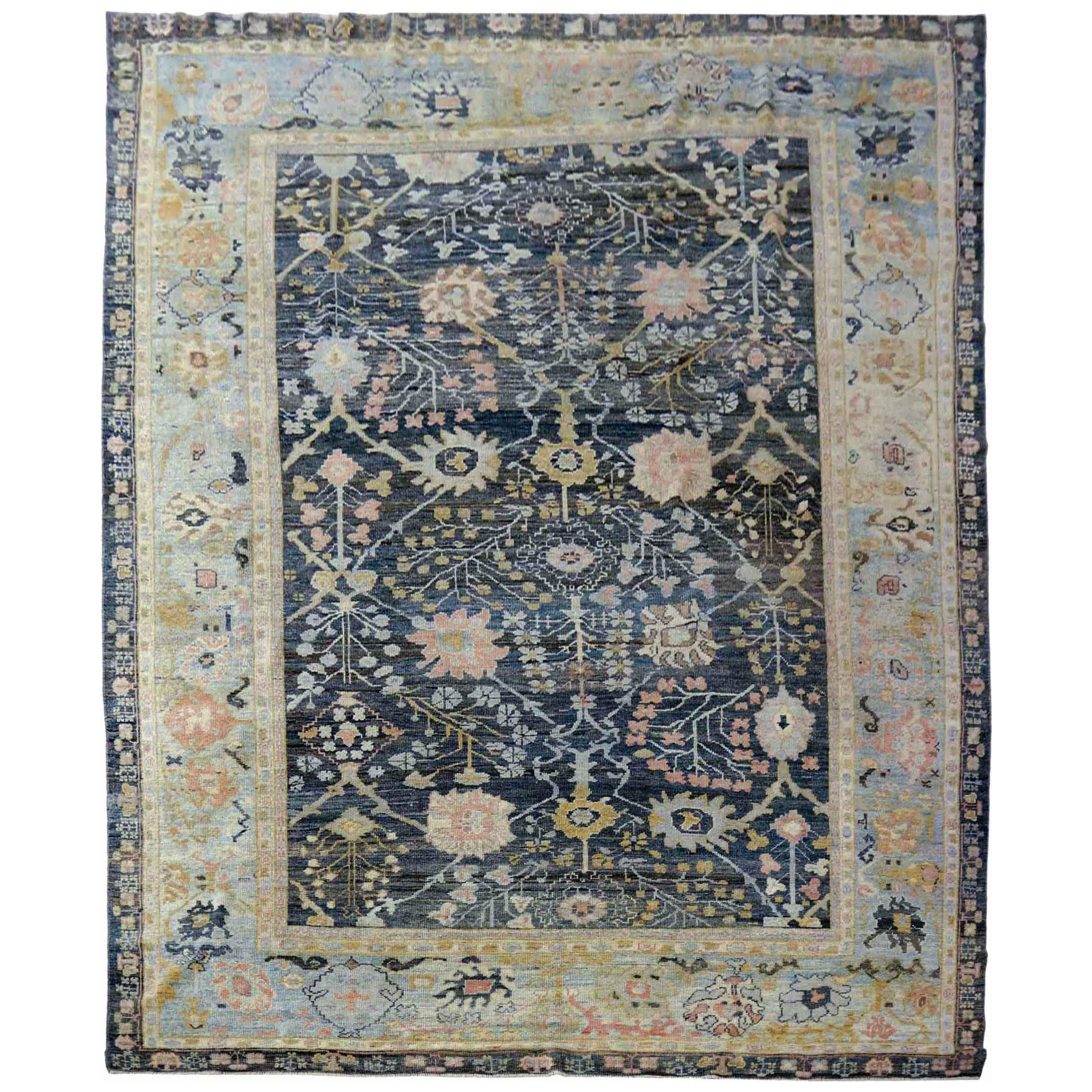 Afghanistan Oushak Area Rugs Circa 1990 - Wool Ivory Navy Blue Yellow - 90713