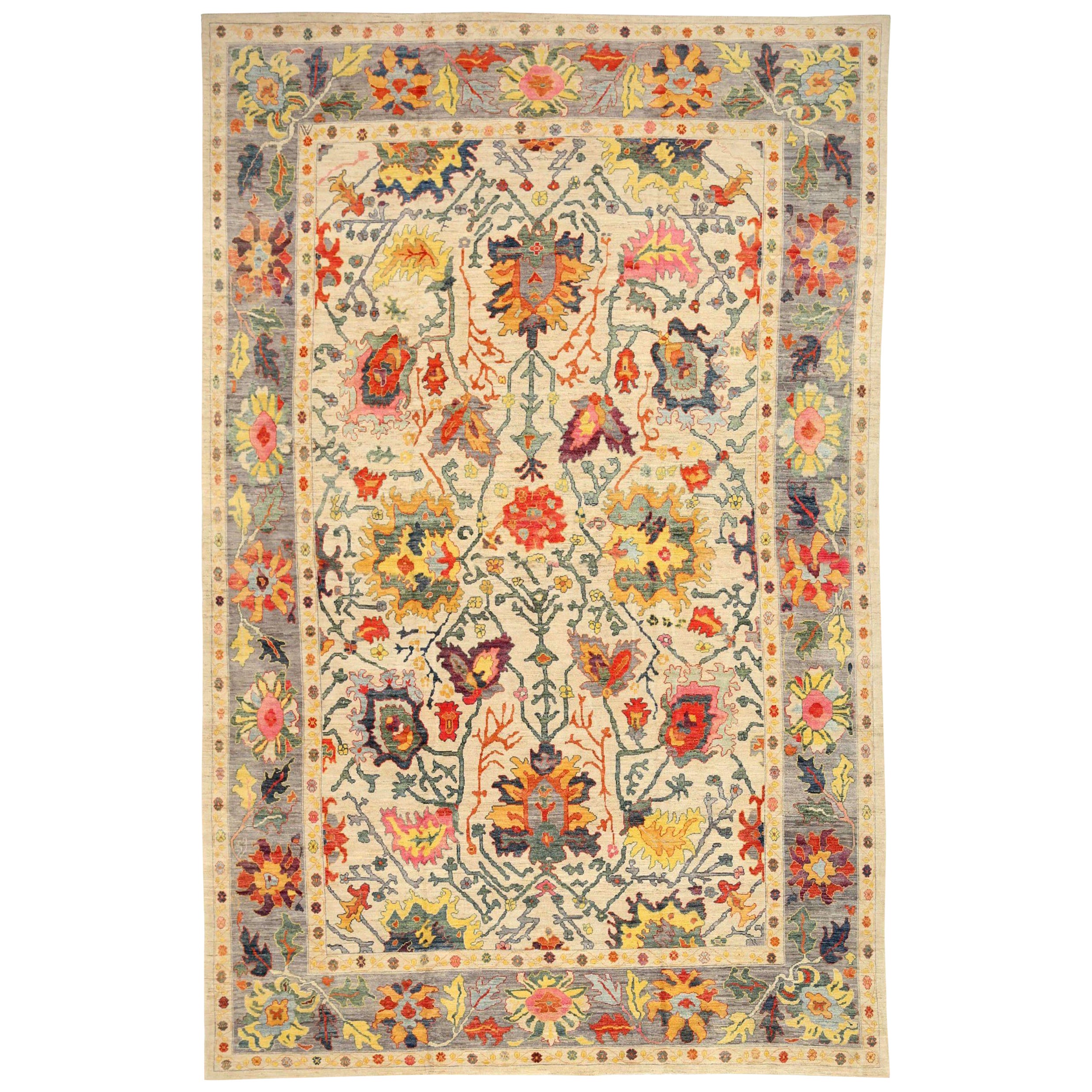 Afghanistan Oushak Over Size Rug Circa 1990 - Wool Ivory Pink Red Yellow - 90737