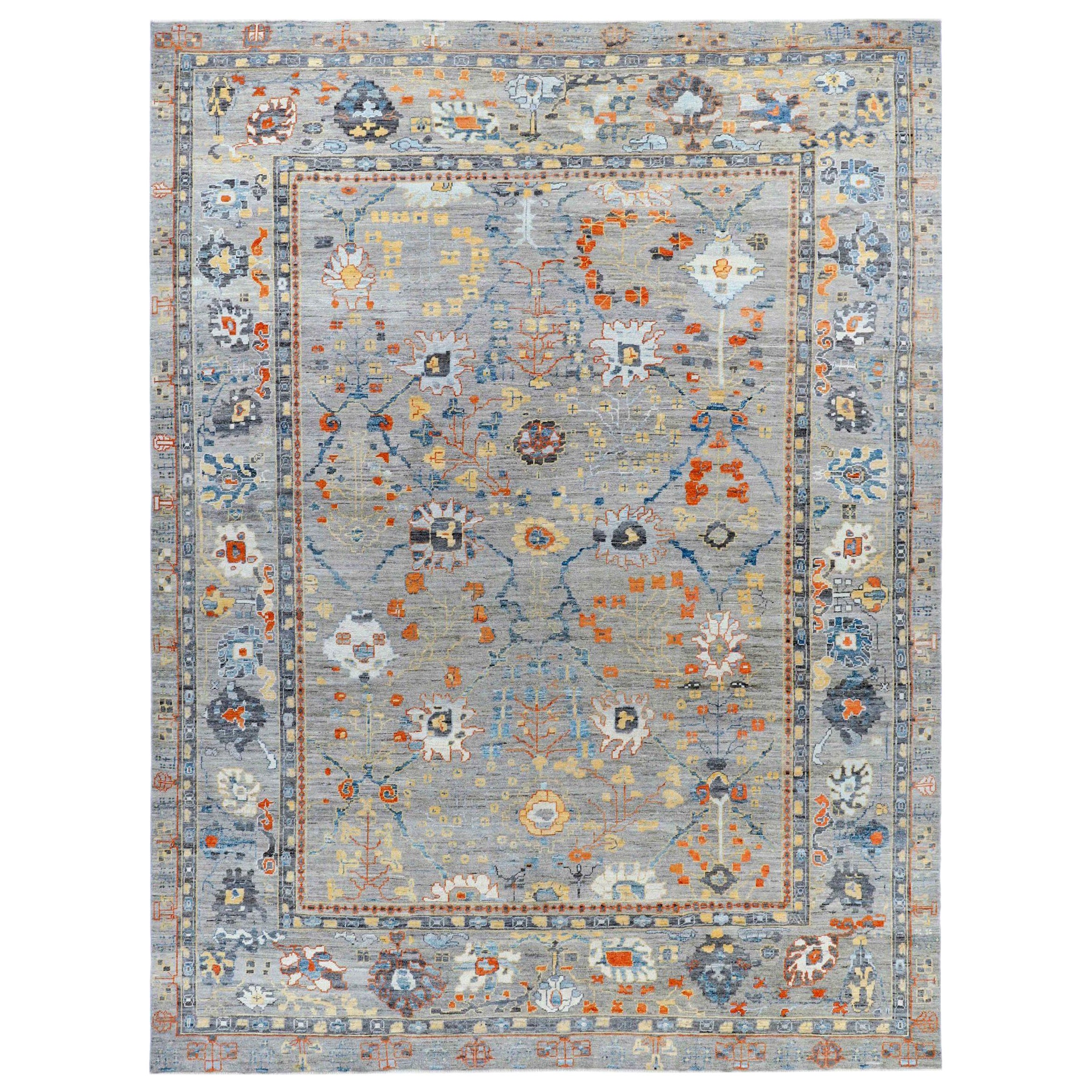 Afghanistan Oushak Over Size Rug Circa 1990 - Wool Blue Ivory Orange - 90743 For Sale