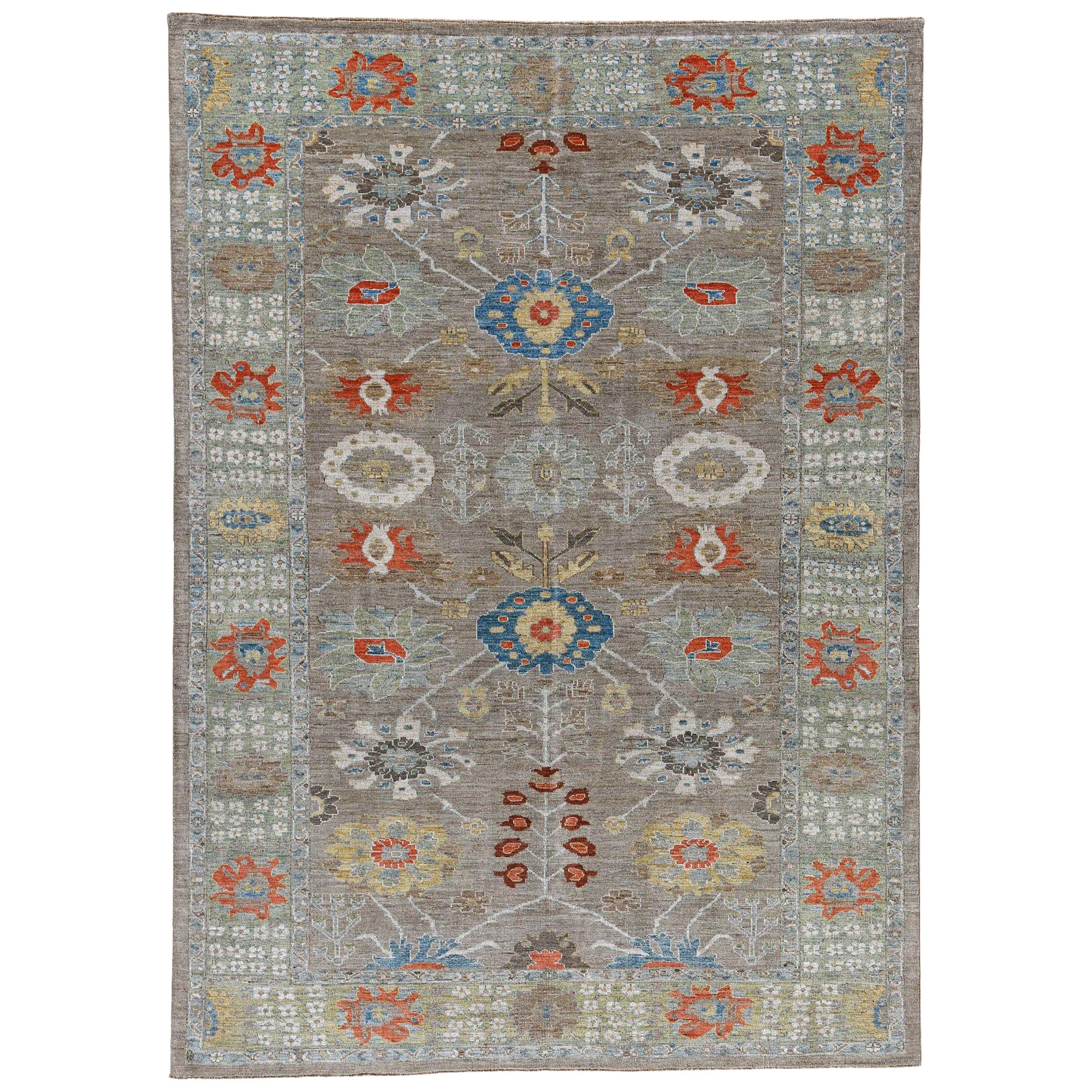 Afghanistan Sultanabad Area Rugs Circa 1990 - Wool Blue Brown Green Red - 90770 For Sale