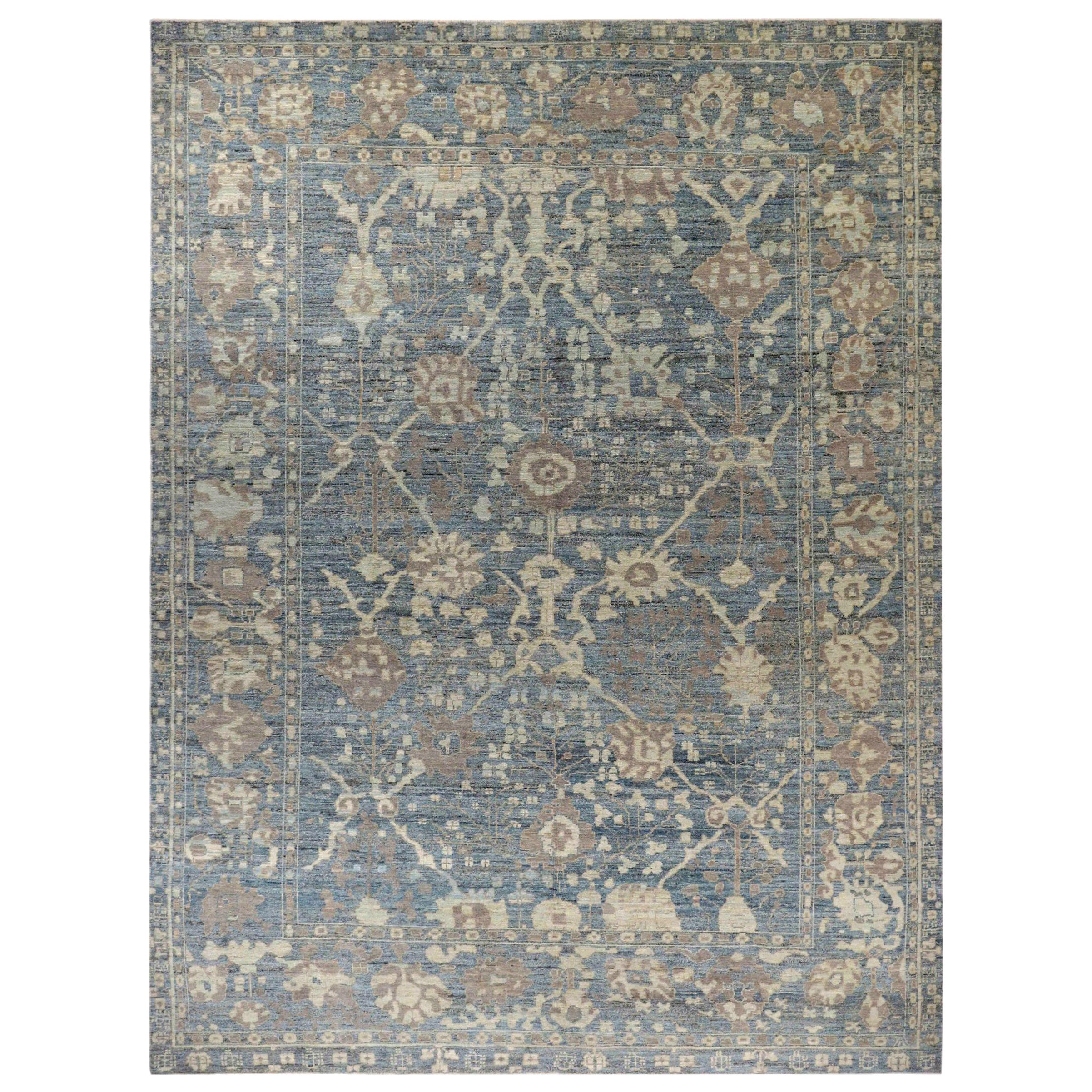 Afghanistan Oushak Area Rugs Circa 1990 - Wool Blue Brown Ivory Design - 90754