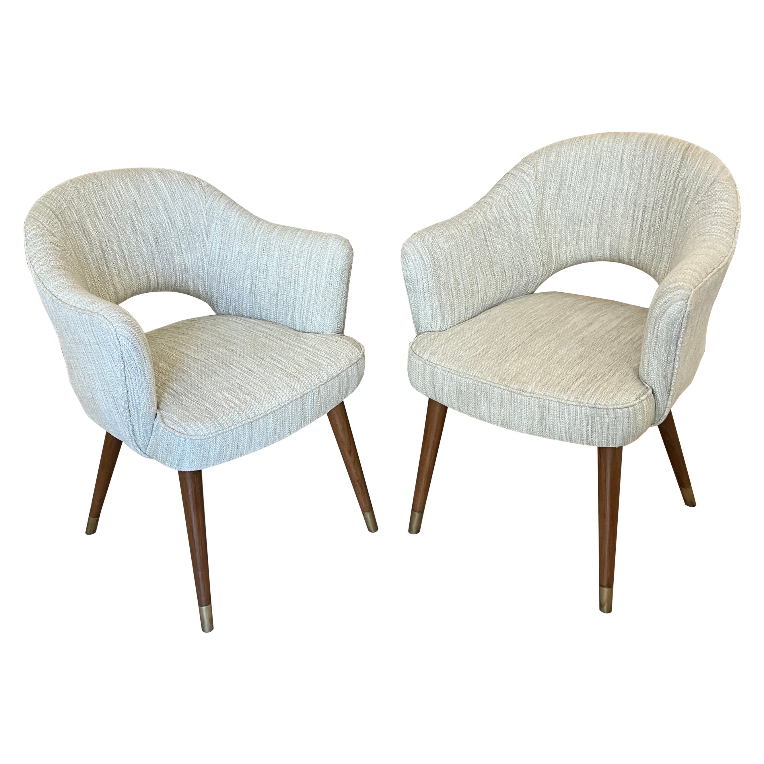 Pair of Mid-Century Modern Upholstered Barrel Chairs with Teak Legs & Brass Feet