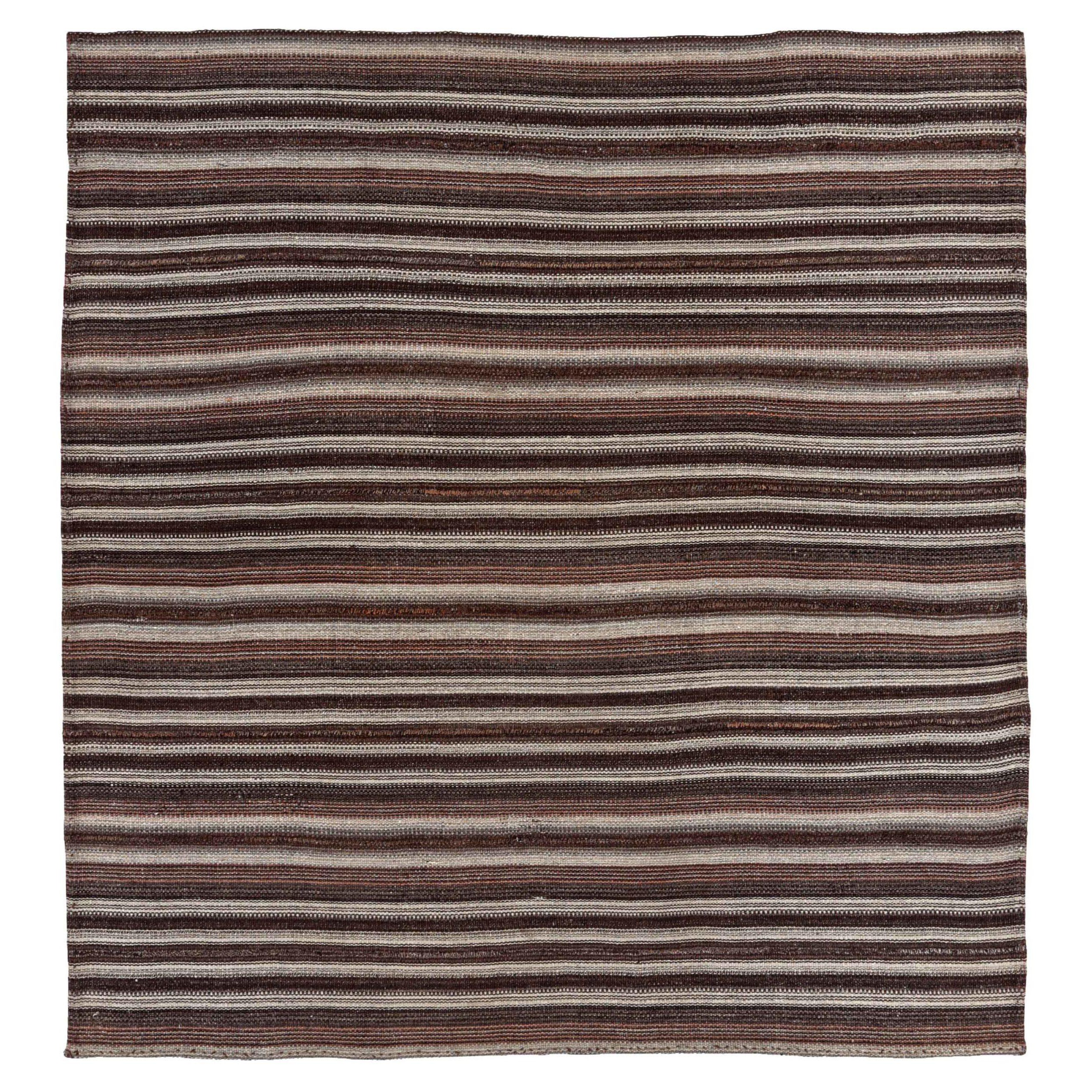 Persian Jajim Square Area Rugs Circa 1910 - Wool Brown Ivory Design - 91103