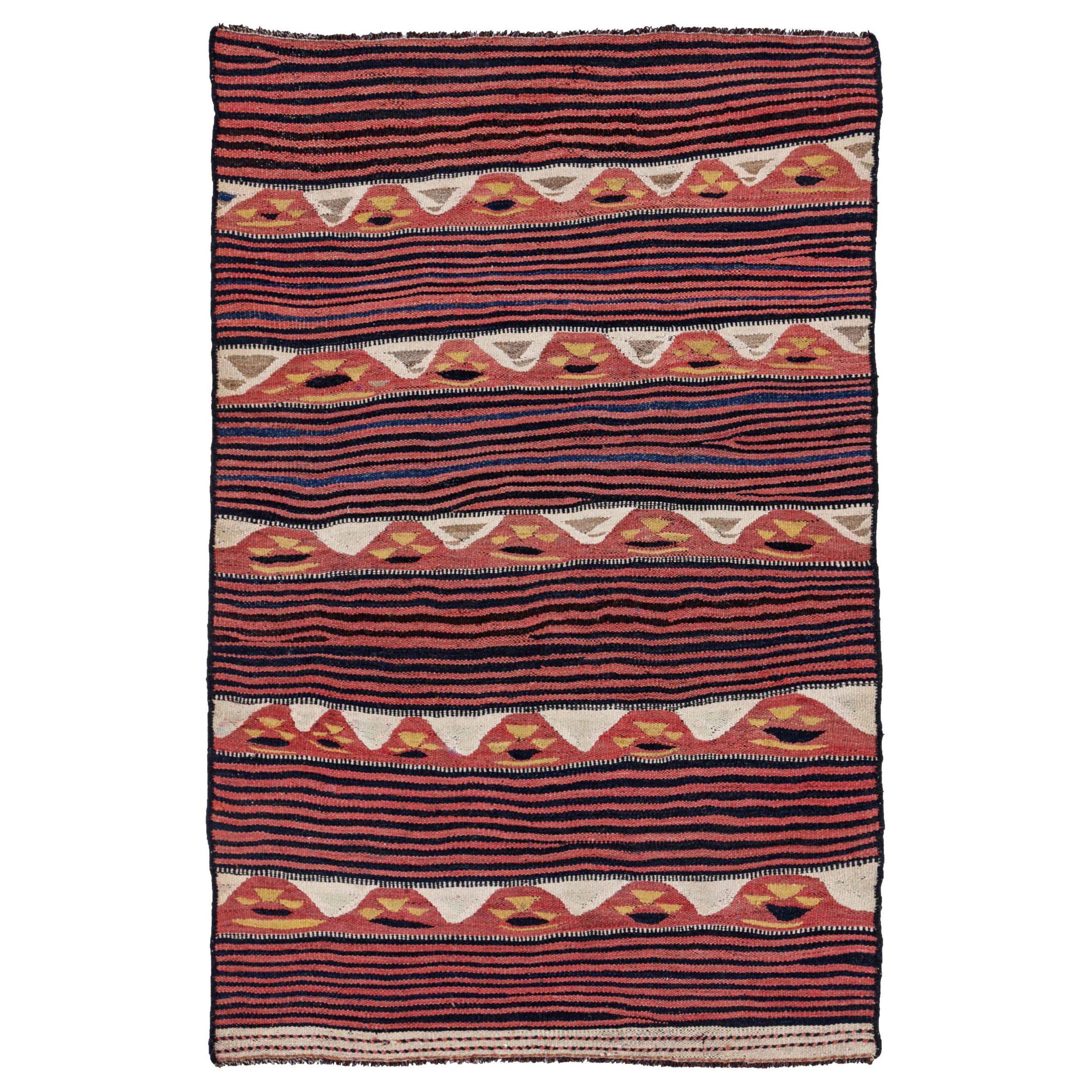Persischer Kilim Small Rug CIRCA 1910 - Wolle Schwarz Elfenbein Rot Gelb Design - 91105