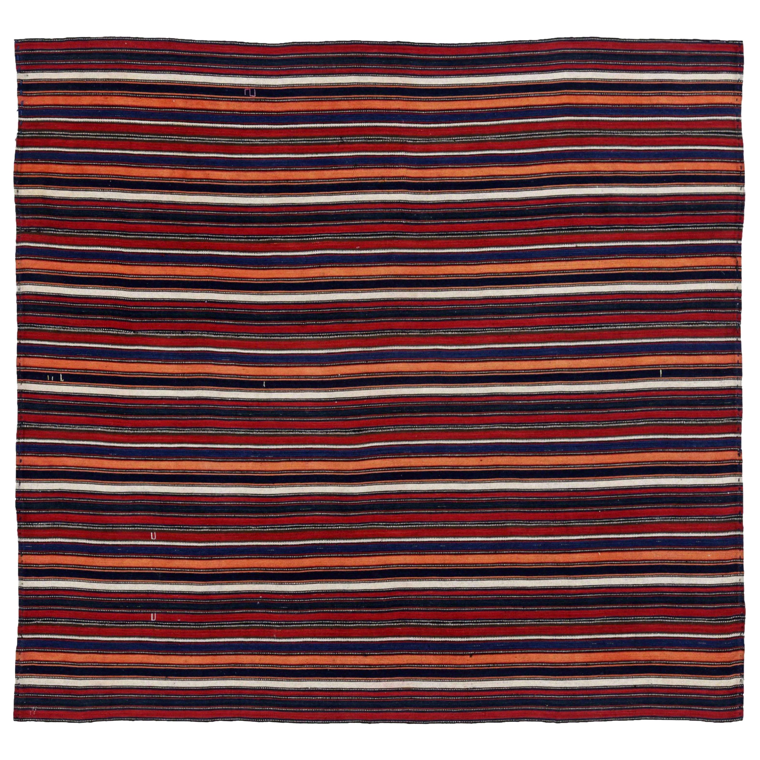Persian Jajim Small Rug Circa 1910 - Wool Blue Ivory Orange Red Design - 91110
