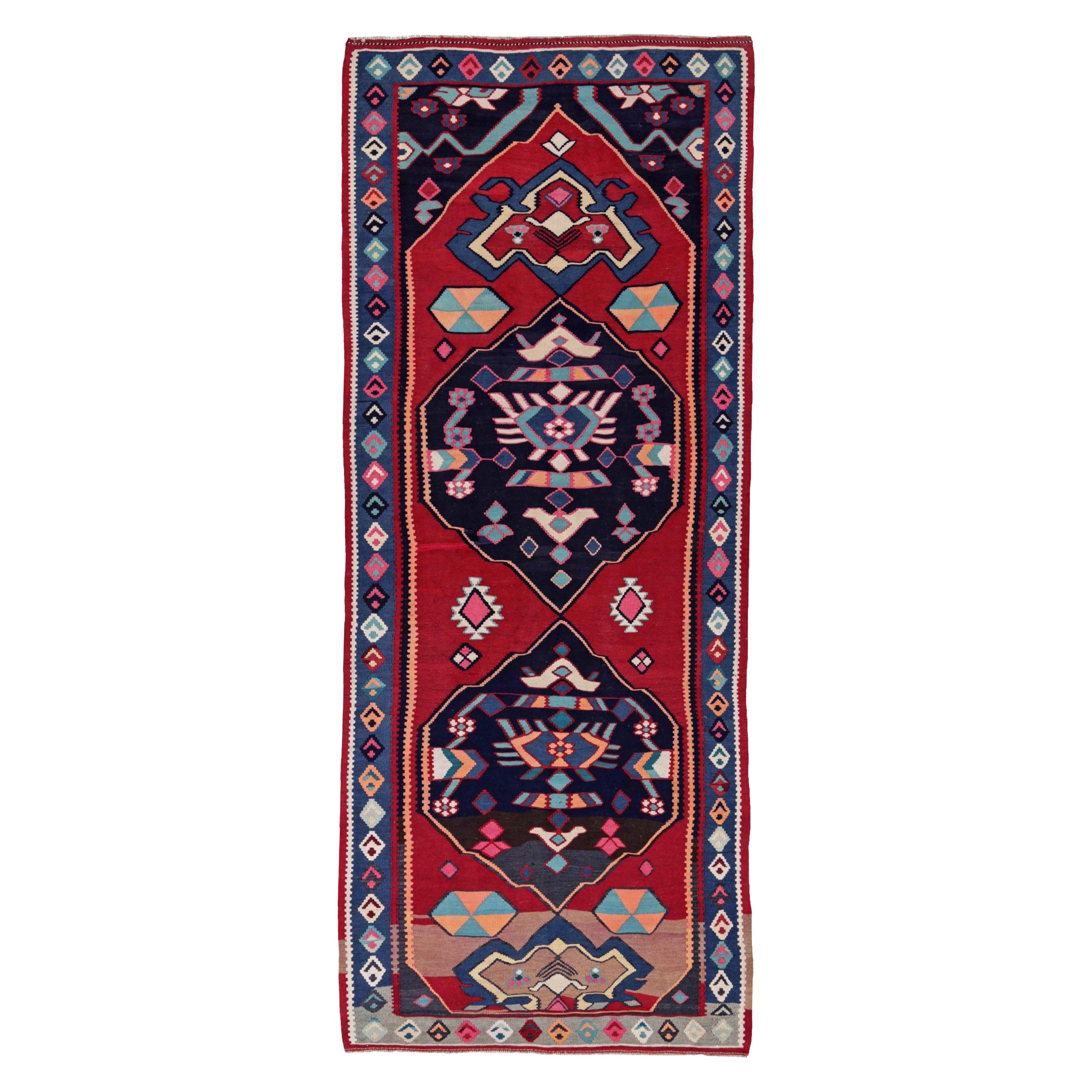 Tapis persans Kilim datant d'environ 1910 - Motif en laine bleu marine bleu rouge - 91111