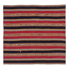 Persian Jajim Small Rug Circa 1910 - Wool Ivory Navy Blue Orange Red - 91129