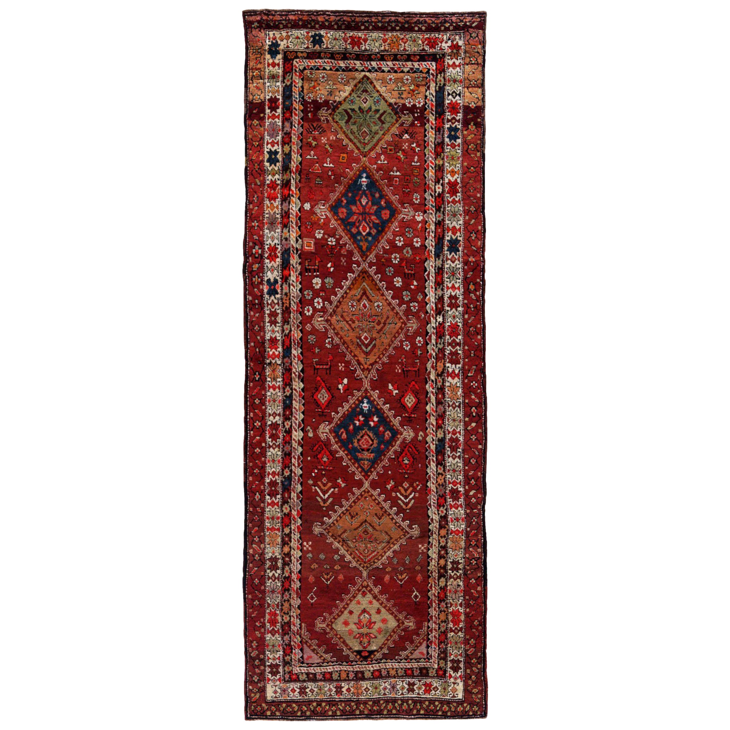 Tapis Persan Kazak Circa 1910 - Laine Vert Ivoire Bleu Marine Rouge - 91146