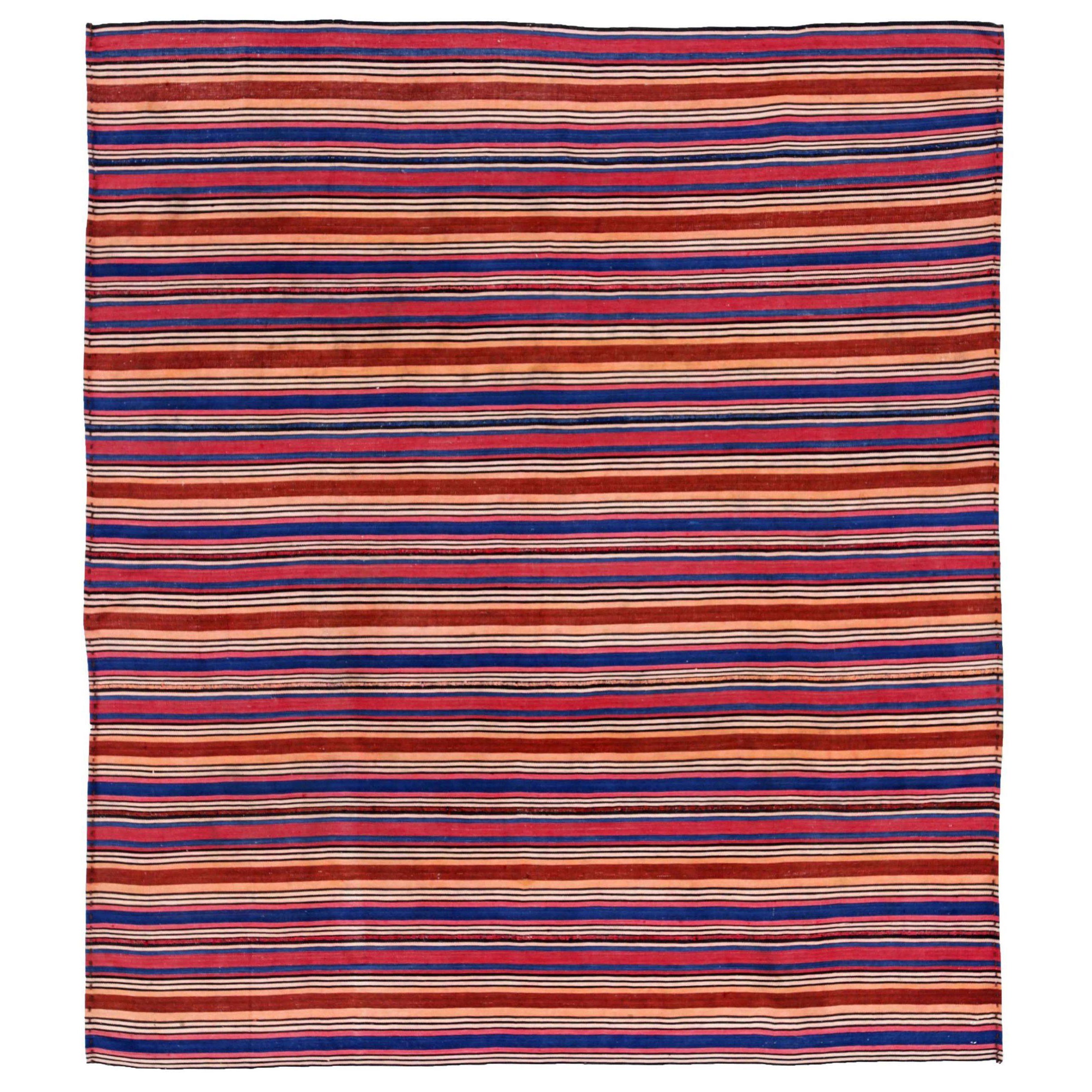 Persische Jajim-Teppiche Circa 1910 - Wolle Blau Elfenbein Rosa Rot Design - 91133