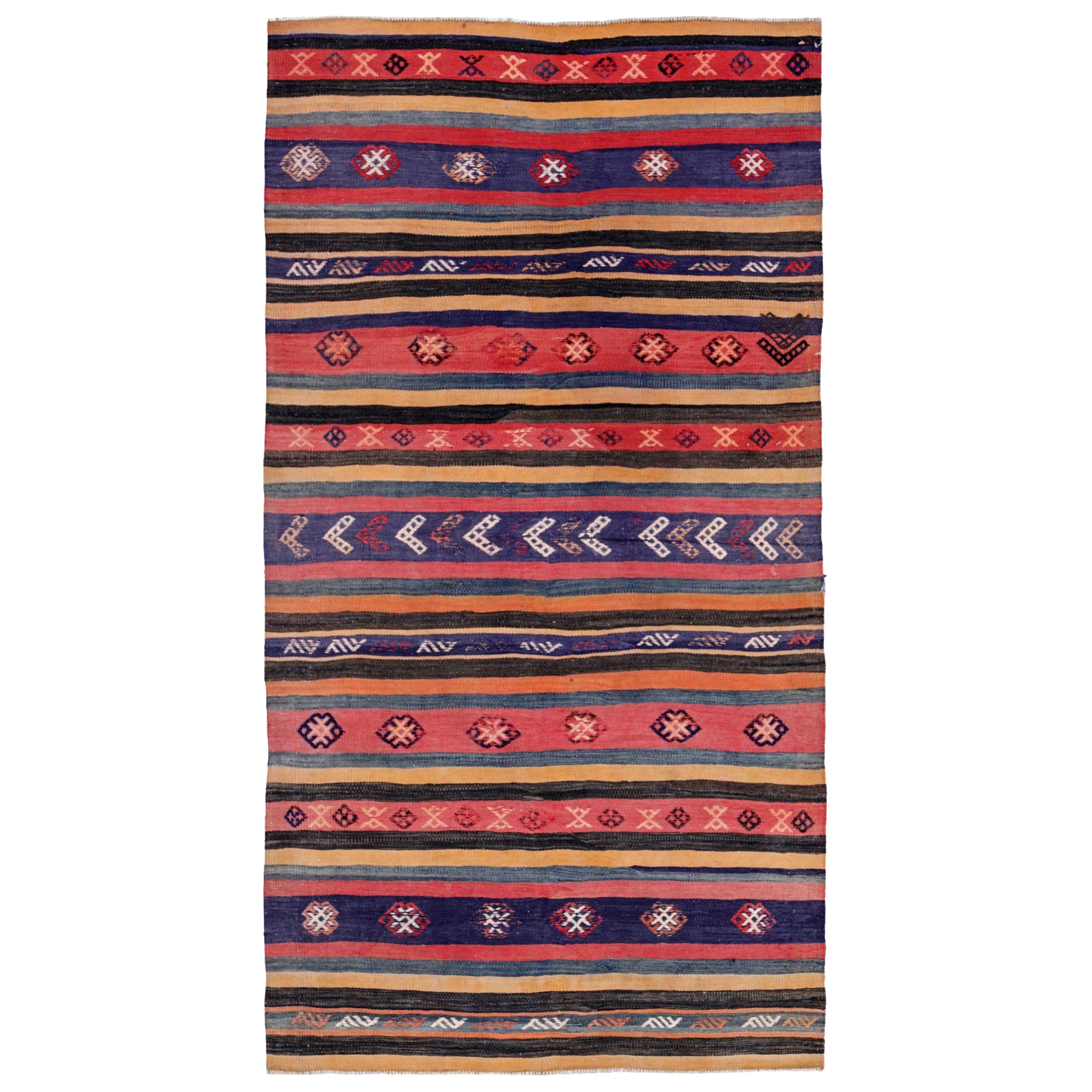 Persian Kilim Small Rug Circa 1910 - Wool Orange Pink Yellow Design - 91135