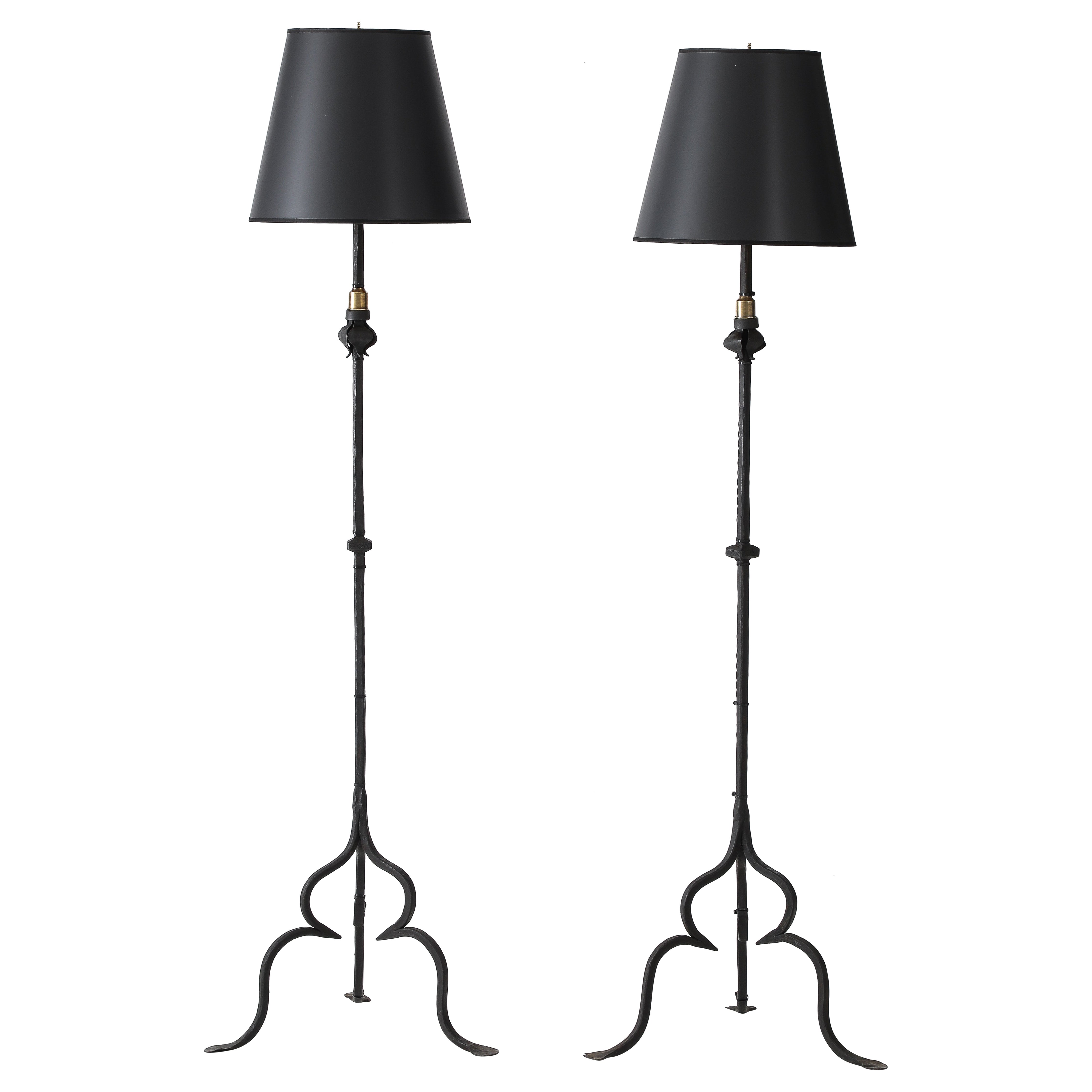 1930's Forge Iron Tripod Italian Floor Lamps
