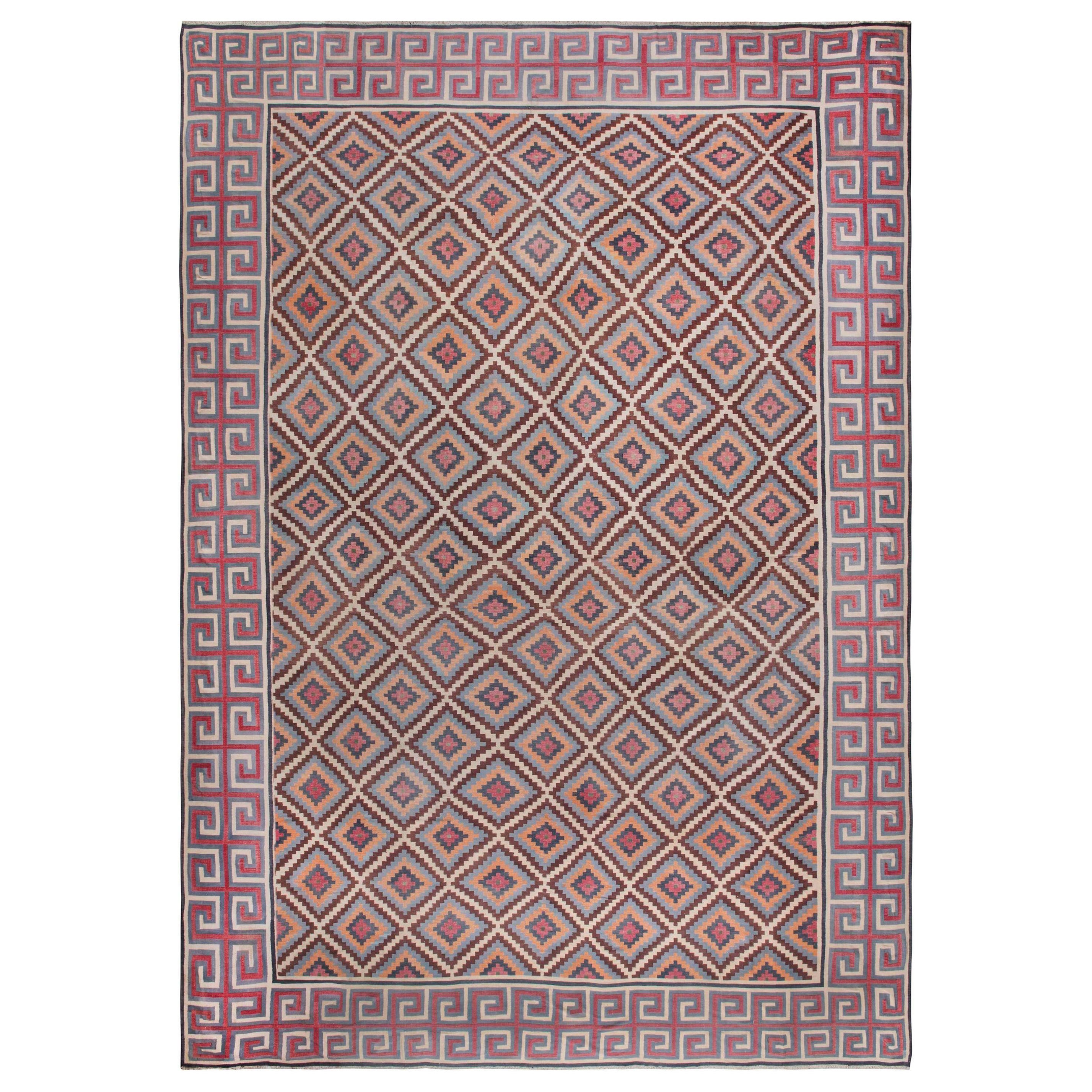 Midcentury Oversized Indian Dhurrie Handmade Rug For Sale