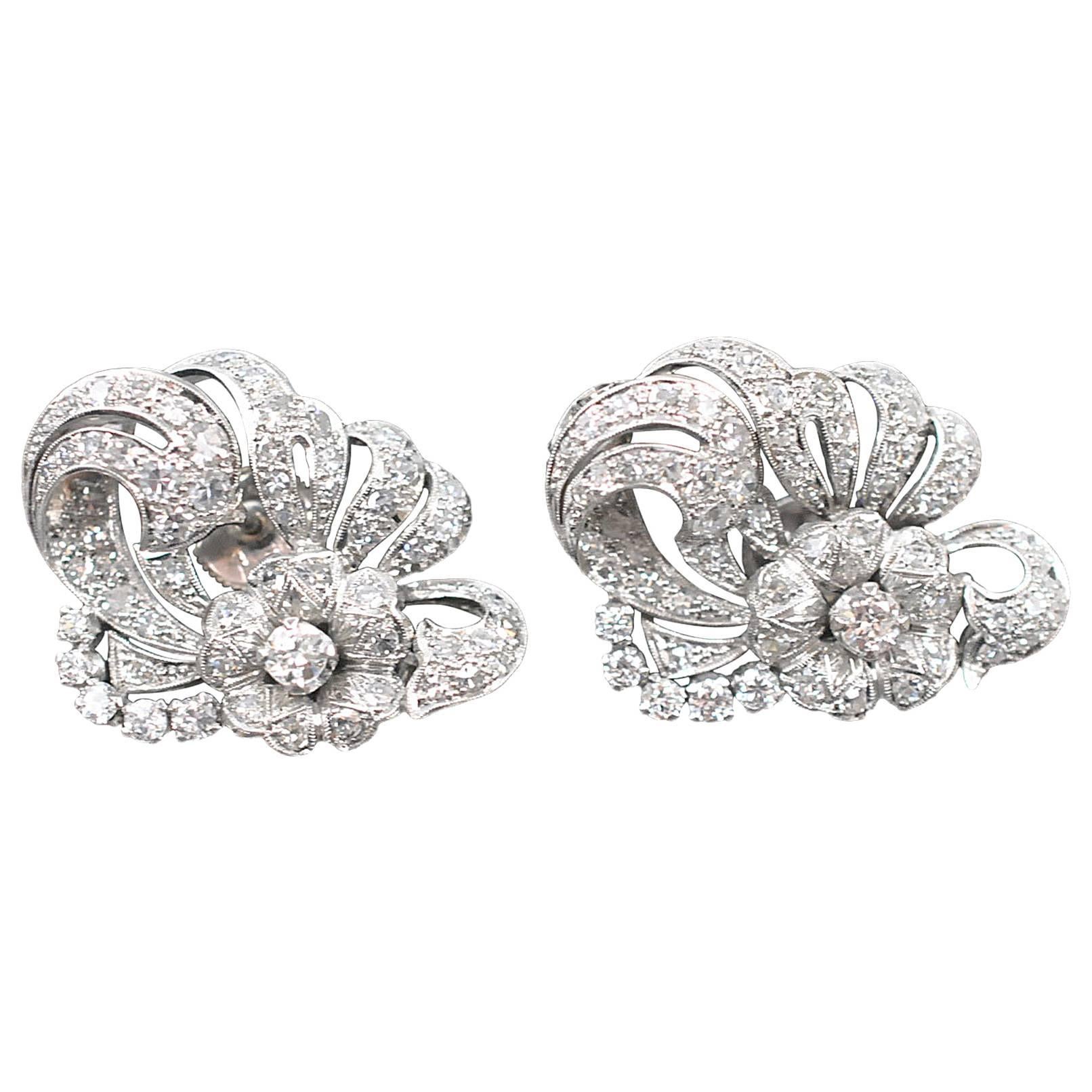 Pair of Platinum European Cut Diamond Earrings 3.5 TW