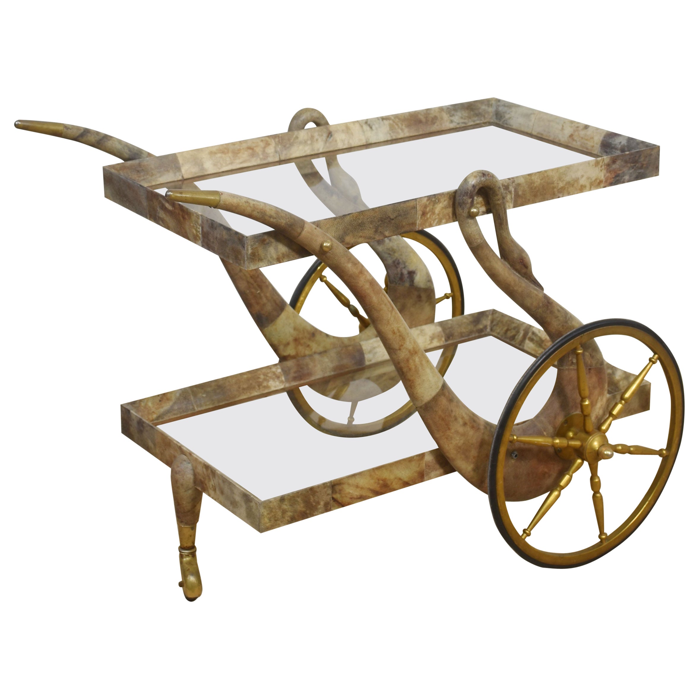 Chariot de bar ou de dessert en peau de chèvre et laiton par Aldo Tura en vente