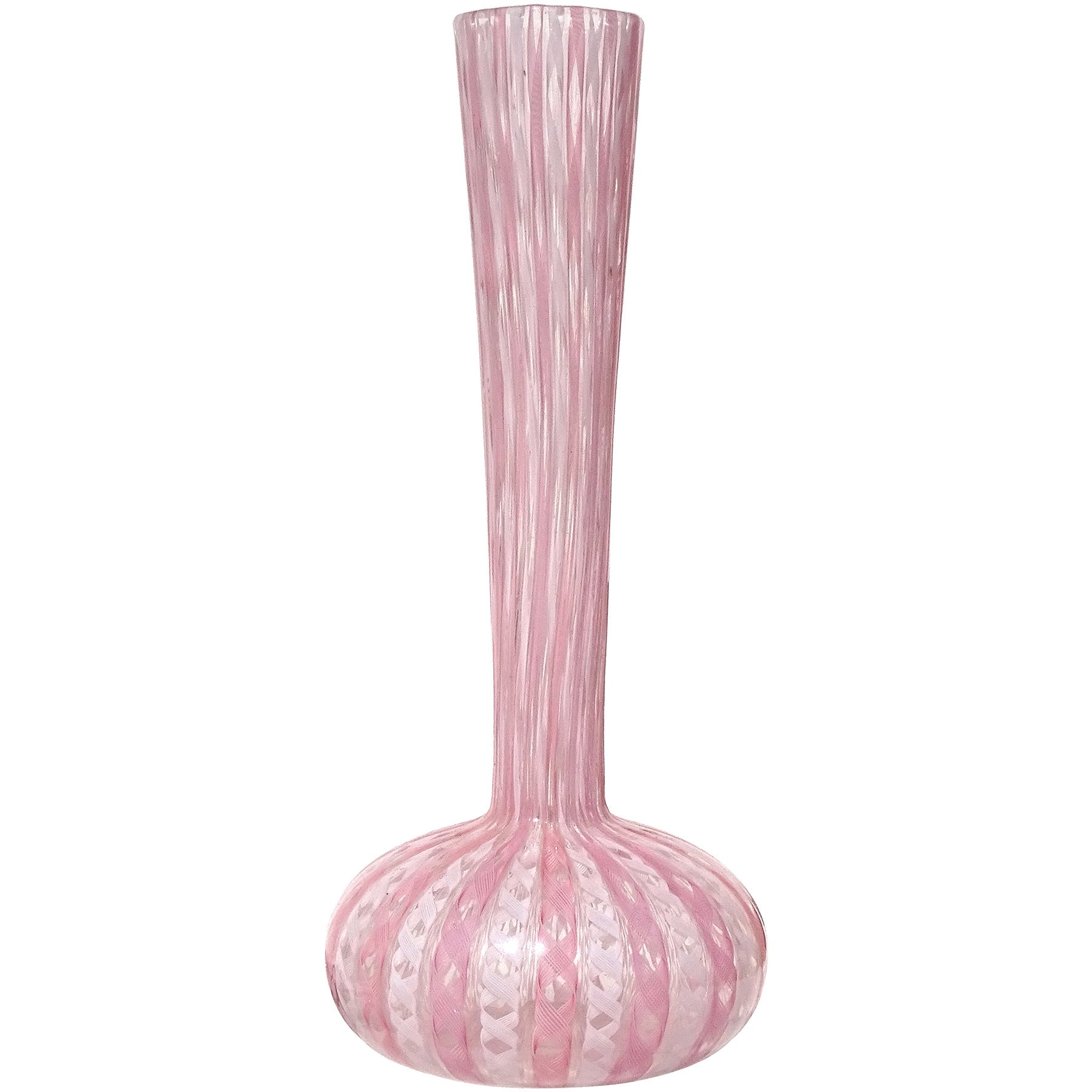 Fratelli Toso Murano Pink White Ribbons Italian Art Glass Soliflore Flower Vase