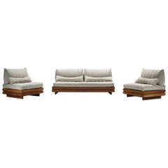 Perfect Elm wooden lounge set in bouclé by Maison Regain France 1970s