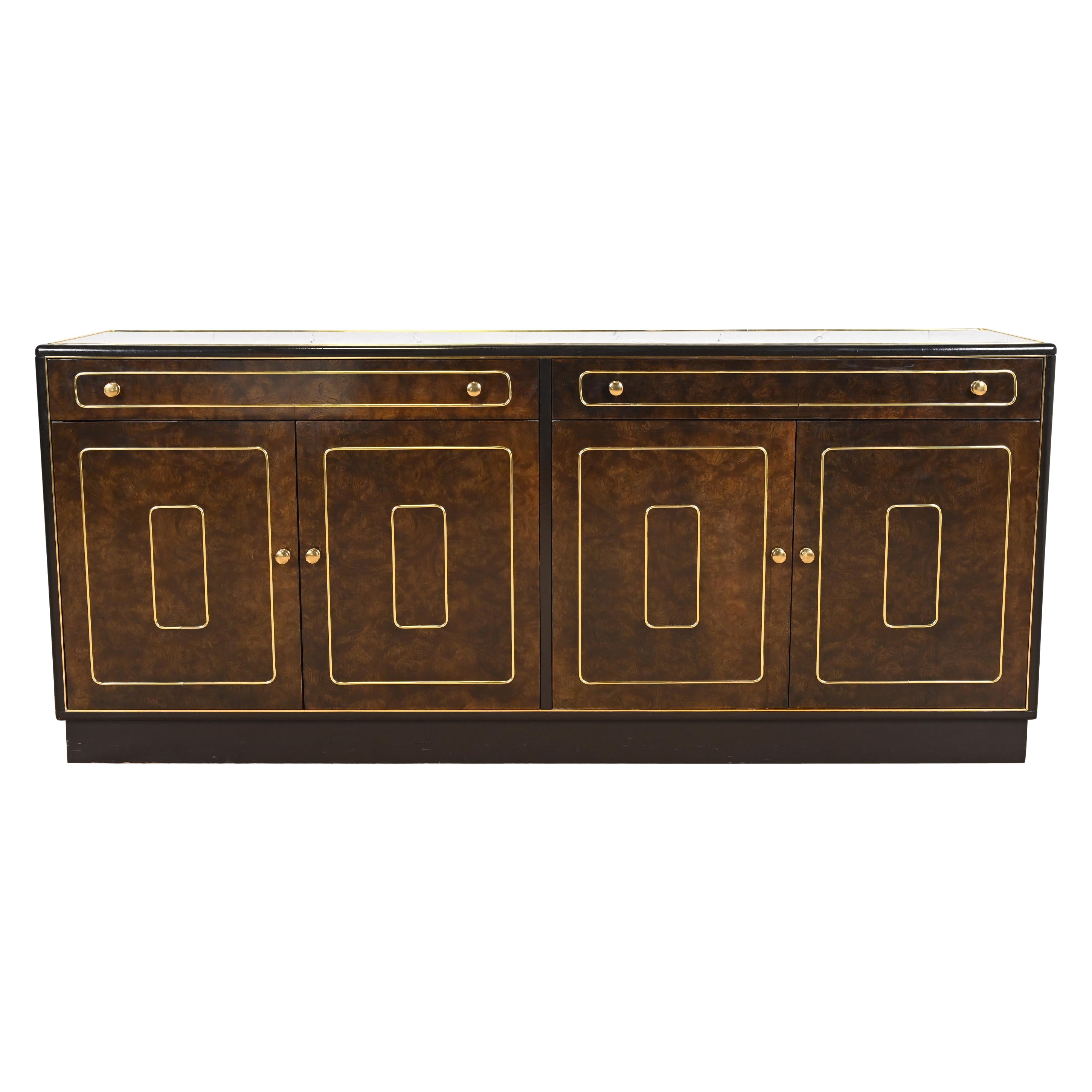 Romweber Mid-Century Hollywood Regency Burl Wood and Brass Sideboard Credenza