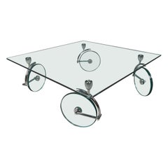 Vintage glass coffee table on wheels, 1980s - Italy