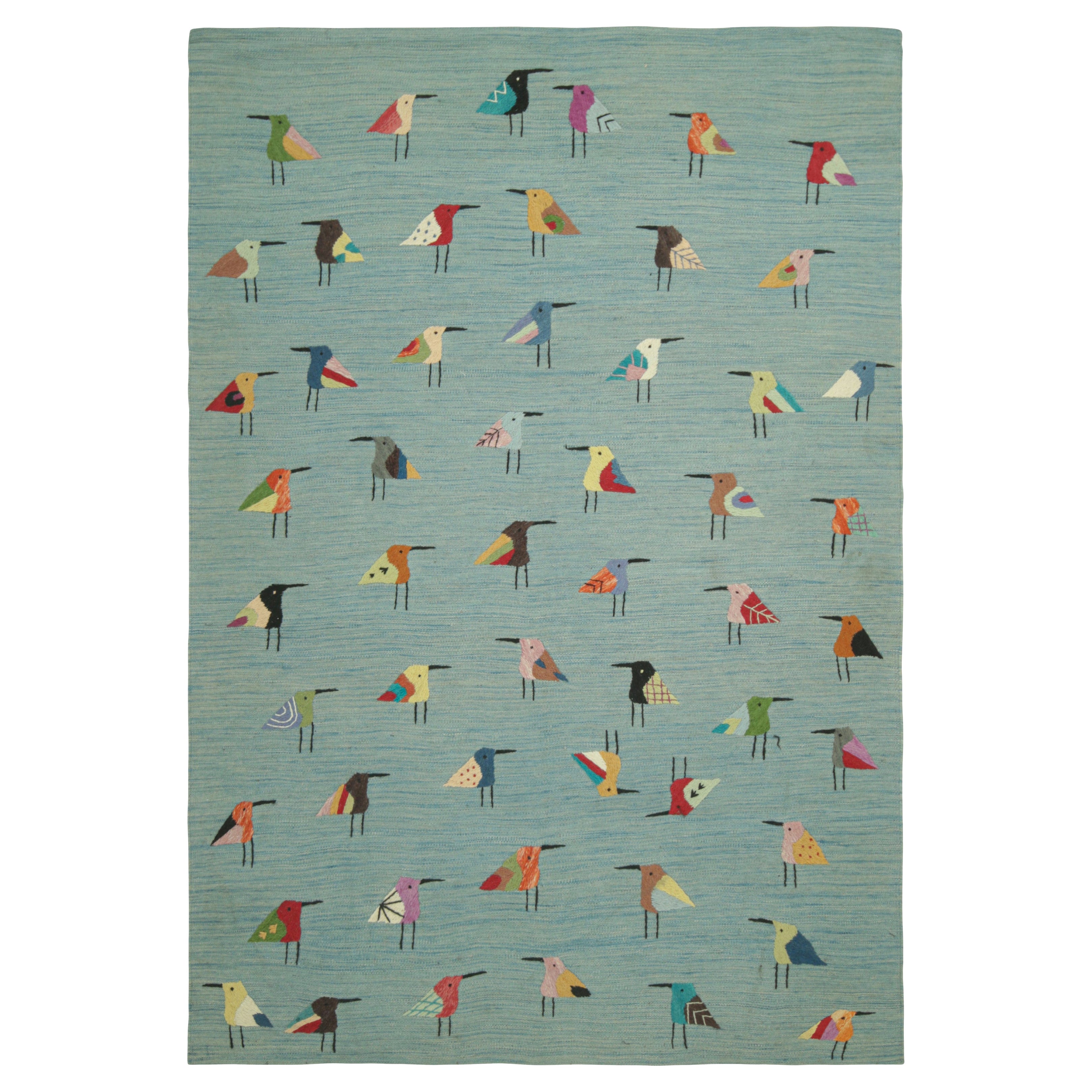 Rug & Kilim’s Suzani Style Kilim in Sky Blue with Polychromatic Bird Pictorials