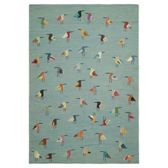 Rug & Kilim’s Suzani Style Kilim in Sky Blue with Polychromatic Bird Pictorials