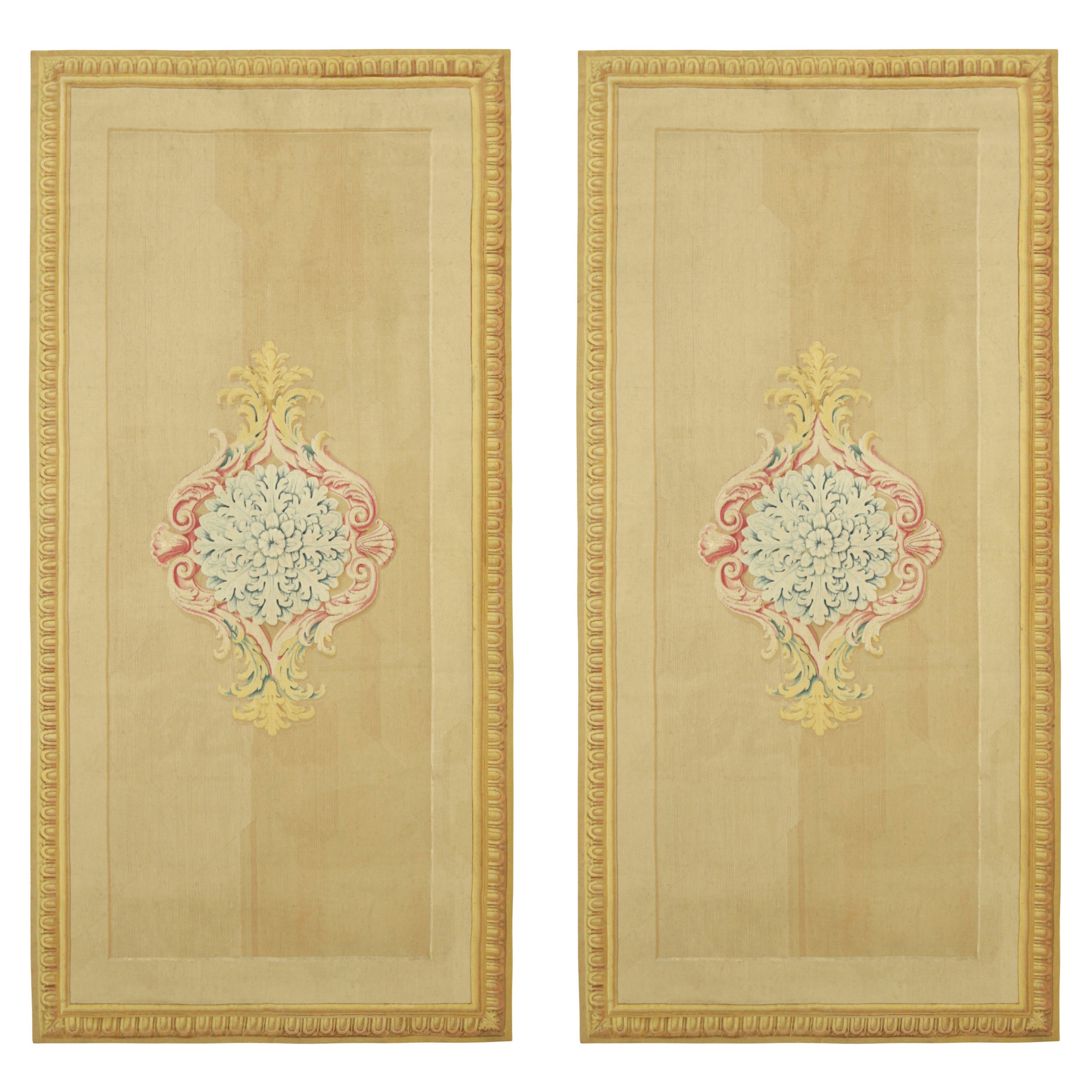 Antique Aubusson Runner Rug Pair in Gold with Floral Medallions  Rug & Kilim