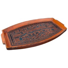 Plateau en bois laqué antique des années 1950 avec motifs traditionnels