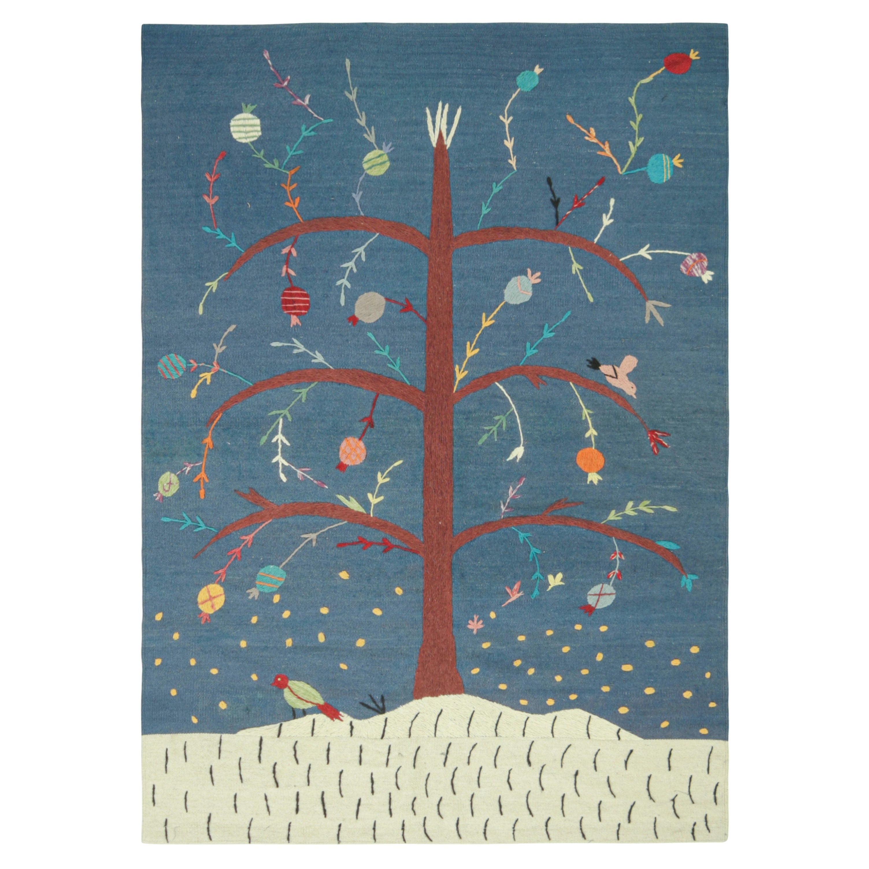 Rug & Kilim’s Suzani Style Kilim in Blue with Polychrome Tree and Bird Pictorial