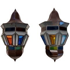 1990s Pair of Metal Wall Sconces with Stained Glass Windows