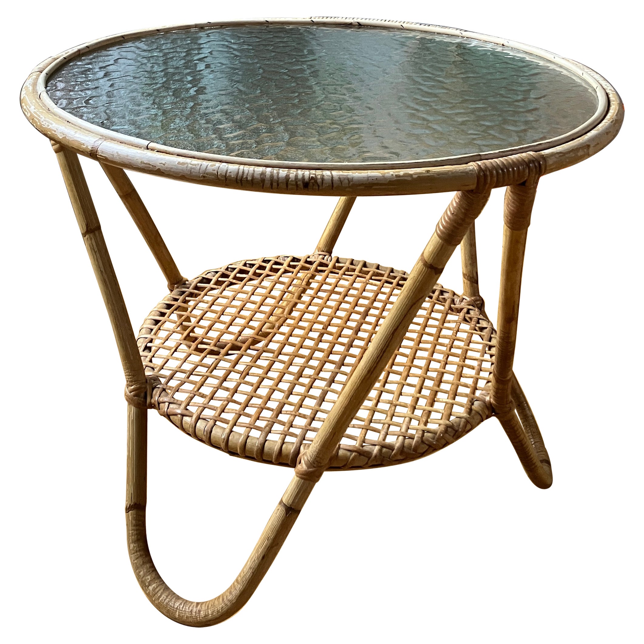 Table basse ronde en bambou, rotin et verre vintage des années 50