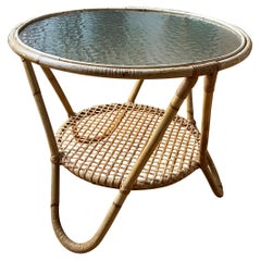 Table basse ronde en bambou, rotin et verre vintage des années 50