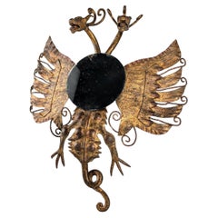 Spanish Neogothic Style Gilded Iron Mirror with Two-Headed Dragon