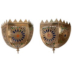 1990s Pair of Brass Wall Sconces with Stained Glass