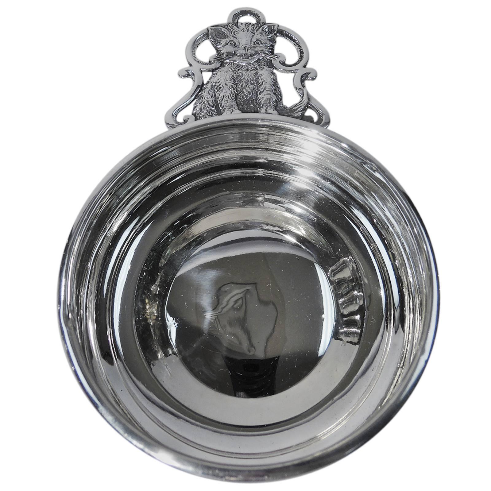 Open Wide for Kitty Cat: American Sterling Silver Porringer with Fluff Ball Puss
