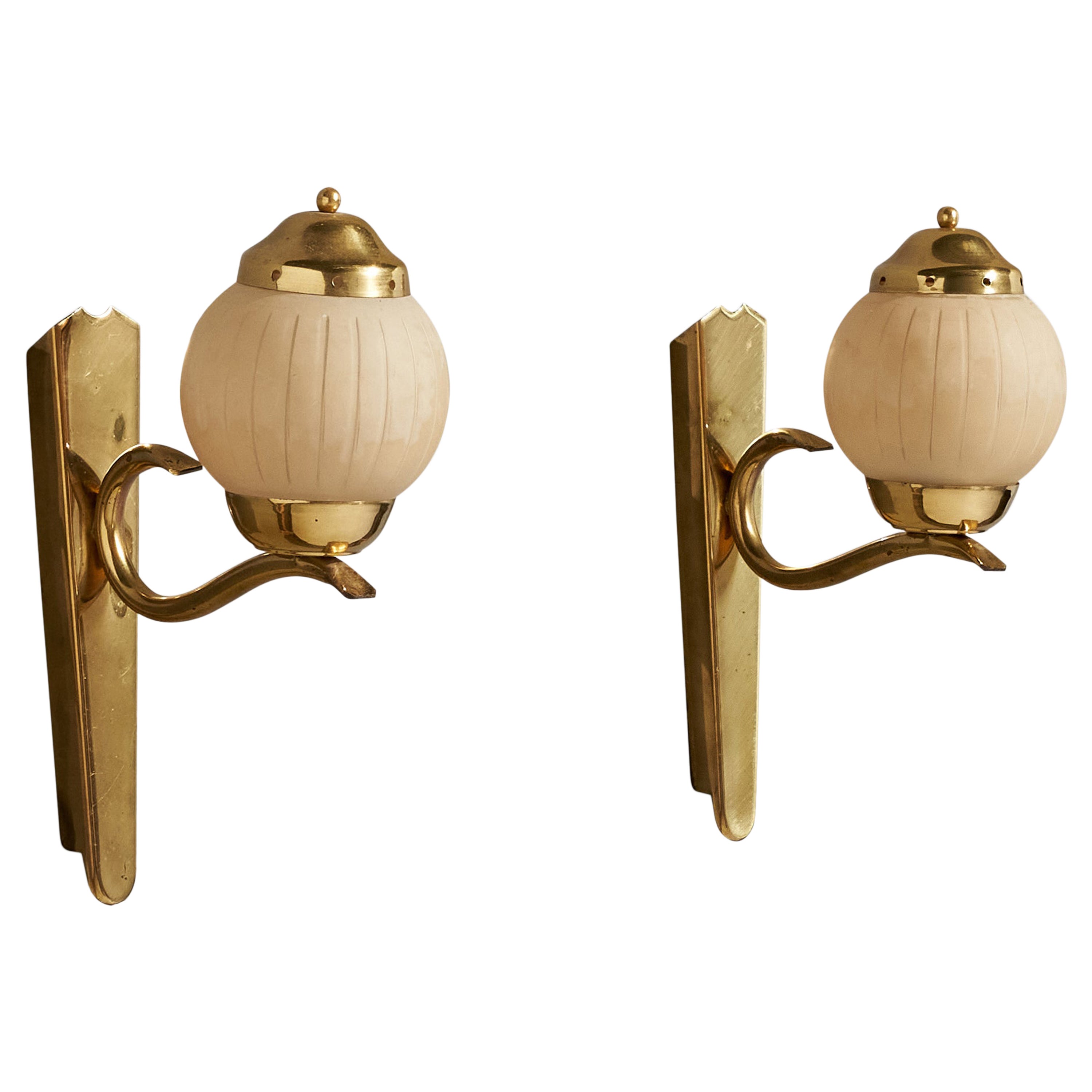 Austrian Designer, Wall Lights, Brass, Glass, Austria, 1950s For Sale