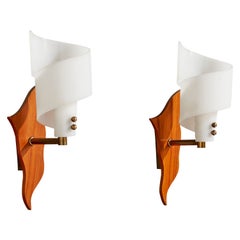 Swedish Designer, Wall Lights, Teak, Brass, Acrylic, Sweden, 1950s