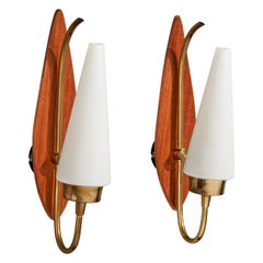 Lorentzons, Wall Lights, Brass, Teak, Glass, Sweden, 1950s
