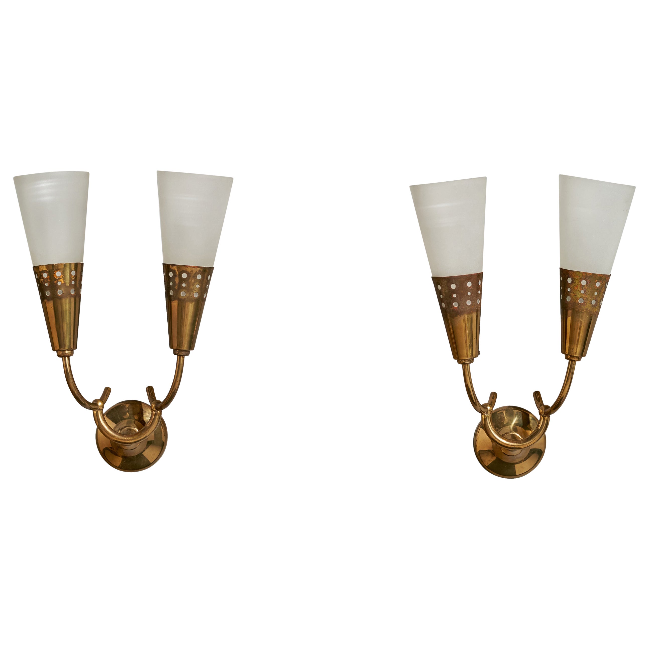 Italienischer Designer, Wandleuchten, Messing, Glas, Italien, 1940er Jahre